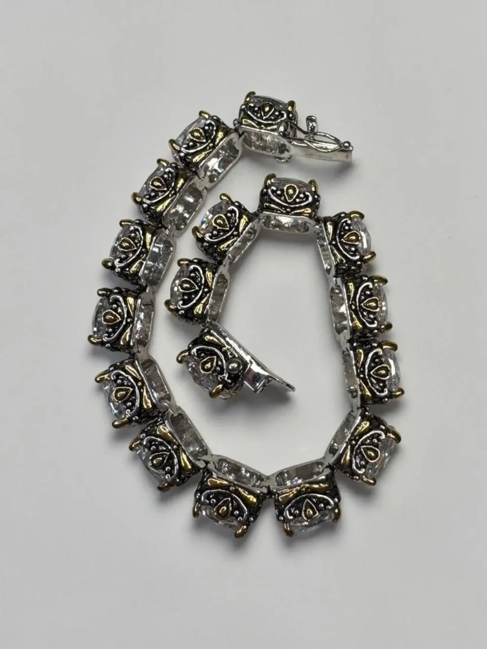 Park Lane Bracelet Clear Crystal Rhinestone Two Tone Ornate Link Vintage 1980s - Picture 6 of 7